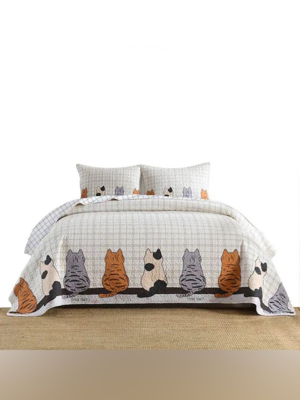 3-Pieces Elegant Cat Silhouette Checkered king Polyester Quilt Bedspread Set